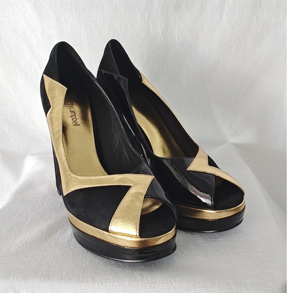 Jeffrey Campbell Bad Girl Platform Pumps Black Gold Metallic Peep Toe Heel 9 - Picture 2 of 10